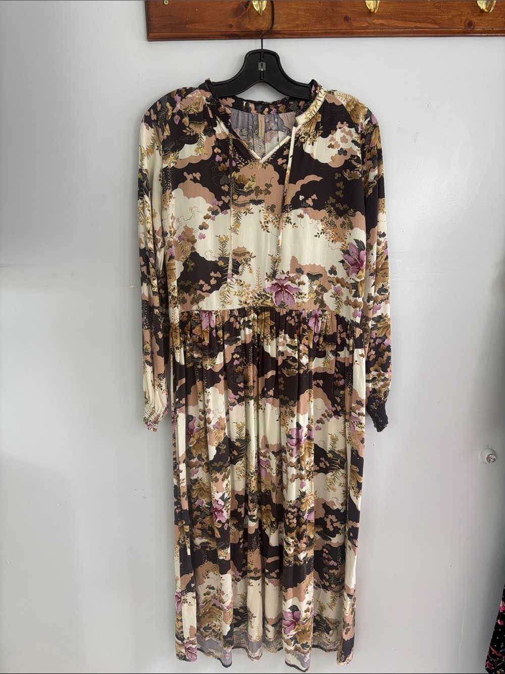 Cream and Brown Floral Maxi Dress with Pink Accents - Women